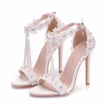 

Crystal Women Sandals White Lace Flowers Pearl Tassel Bridal 11cm Heel Fine High Heels Slender Bridal Pumps Wedding Shoes