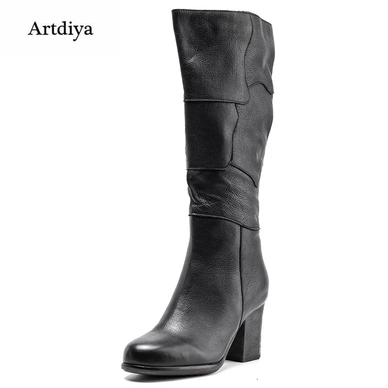 Artdiya/оригинальные женские ботинки; Сезон Зима; Новинка; красивые Ботинки martin из натуральной кожи; сапоги до колена в стиле ретро; теплые сапоги ручной работы на высоком каблуке