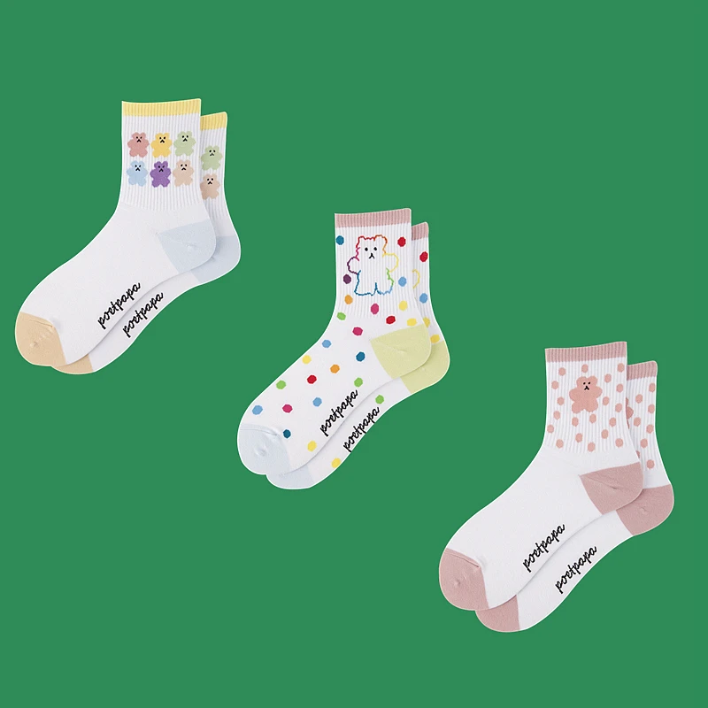 Женские милые носки ярких цветов в Корейском стиле с рисунком медведя; повседневные женские носки в горошек в стиле Харадзюку; оригинальные удобные носки в студенческом стиле