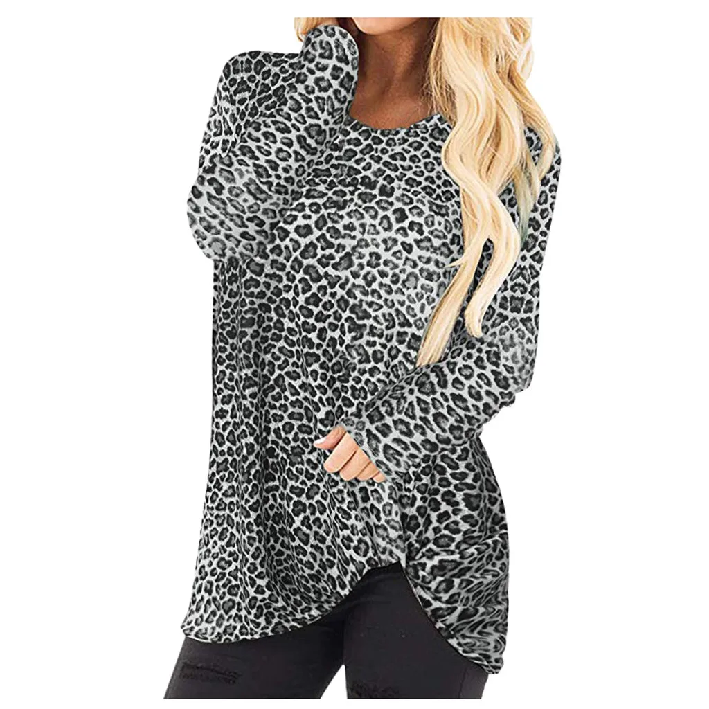 

Women Tops Leopard Long Sleeves Knits Tees Loose Fit Irregular Hem Shirts sweatshirt sudadera mujer bluza damska Plus Size S-3XL