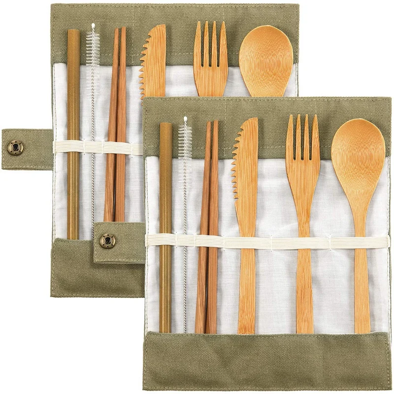 2 Set Bamboo Cutlery Flatware Set Bamboo Travel Utensils Include Reusable Knife Fork Spoon Chopsticks Straws - Цвет: Green