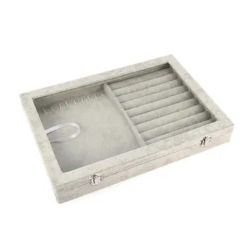

Ice Velvet Organizer With Transparent Acrylic Lid Jewelry Display Ring Necklace Storage Box 2-in-1 Tray Showcase
