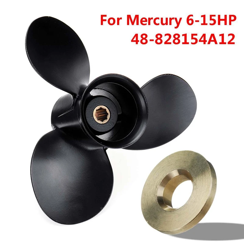48-828154A12 9 X 8 Marine Boat Outboard Propeller For Mercury 6-15Hp Aluminum Alloy Standard Rotation 8 Spline Tooth 3 Blades