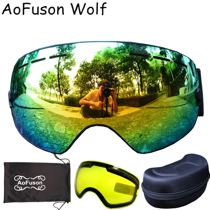Snowboard ski goggles+night vision lens+hard box highquality double layers antifog big vision