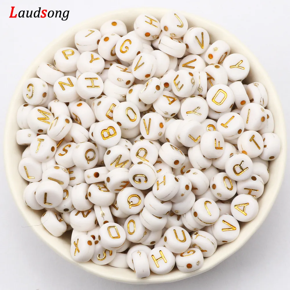 7mm White And Gold Mixed Letter Acrylic Beads Round Flat Alphabet Loose Beads For Jewelry Making Handmade Diy Bracelet Necklace