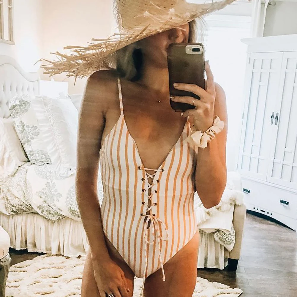 Полосатый слитный купальник Женский бандажный винтажный женский монокини с