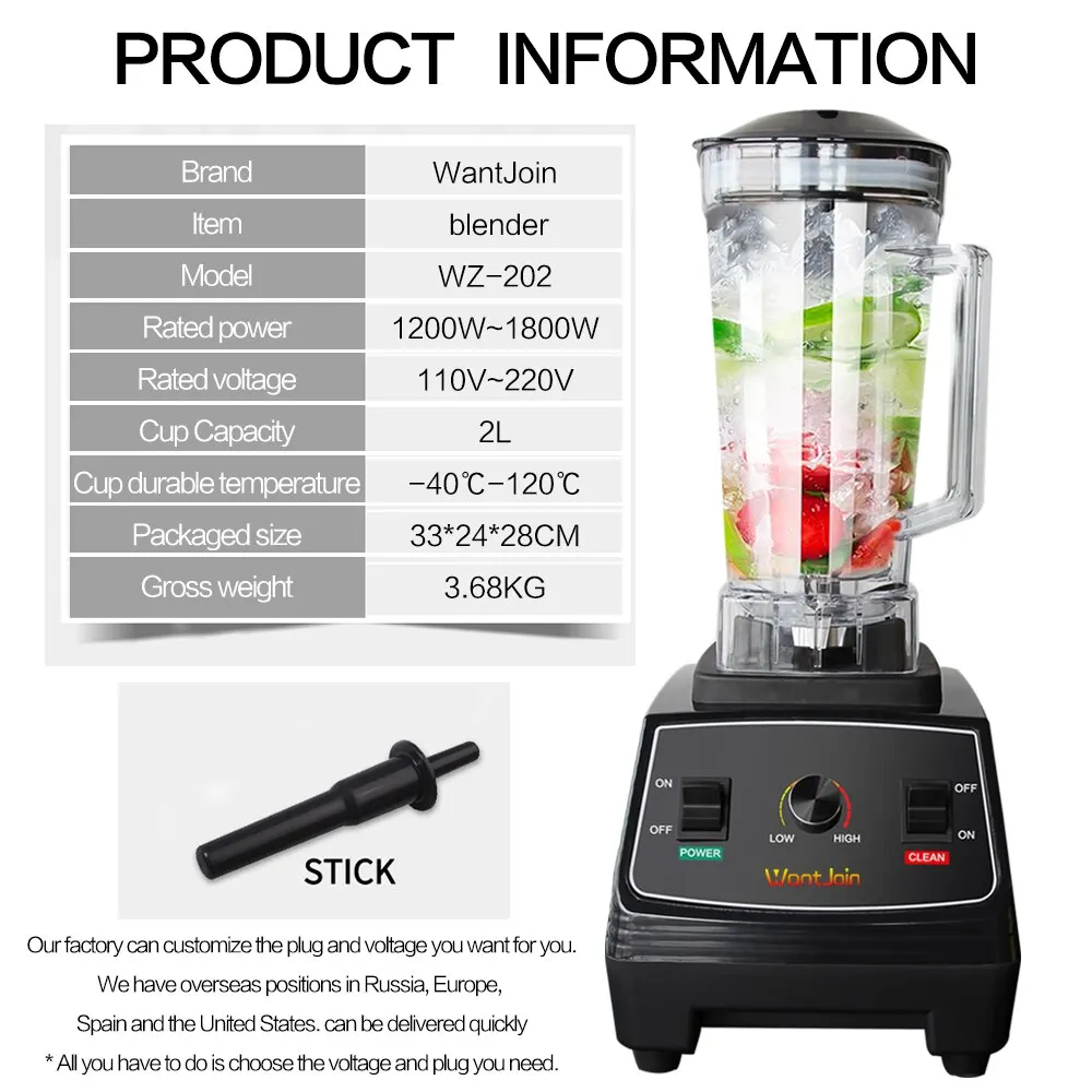 Preise WantJoin 2L Hohe Duty Handels Blender Profi Mixer Grade Entsafter Maker CE High Power Küchenmaschine Eis Smoothie Maschine