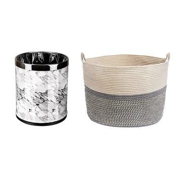 

1 Pcs Marble Pattern 10L Trash Can Bin Buckets Trash Bin & 1 Pcs Large Storage Basket Laundry Basket