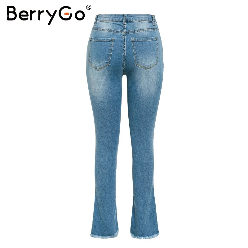 BerryGo, пуш-ап, женские джинсы размера плюс, средняя талия, с вышивкой, расклешенные, джинсовые штаны, пуговицы, карманы, раздельные, для офиса, женские брюки