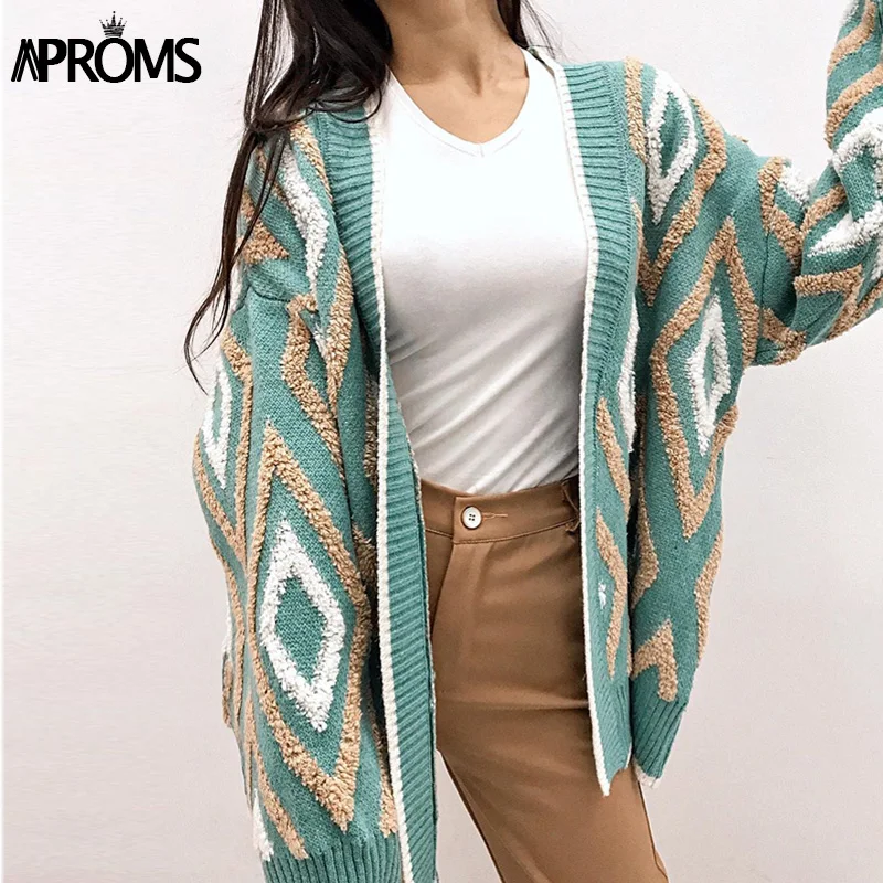 

Aproms Vintage Geometric Knitted Long Cardigans Women Color Blocked Open Stitch Office Lady Sweaters Female Outerwear Coat 2019