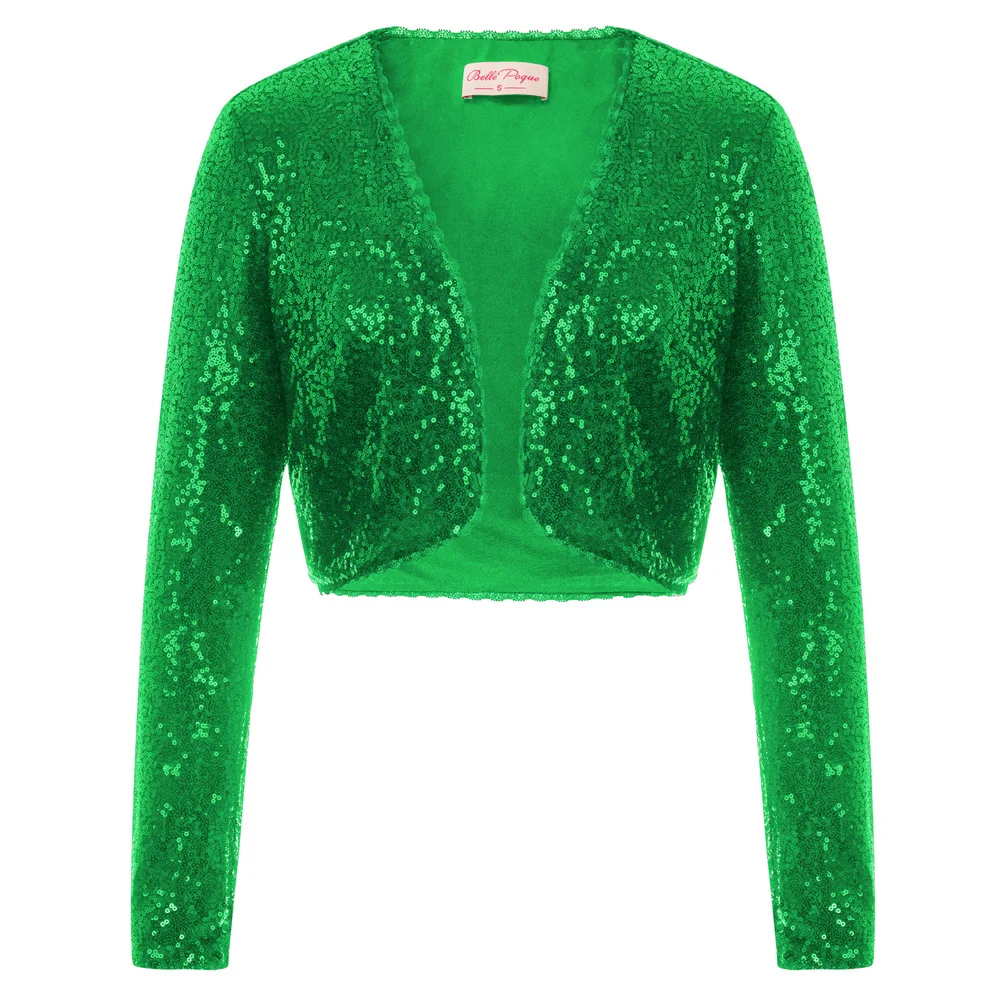 Green Belle Poque, женские блестящие куртки с блестками и длинным рукавом, укороченная длина, открытая передняя часть, болеро, пальто Шраг, Модный женский кардиган, куртки - Цвет: Green