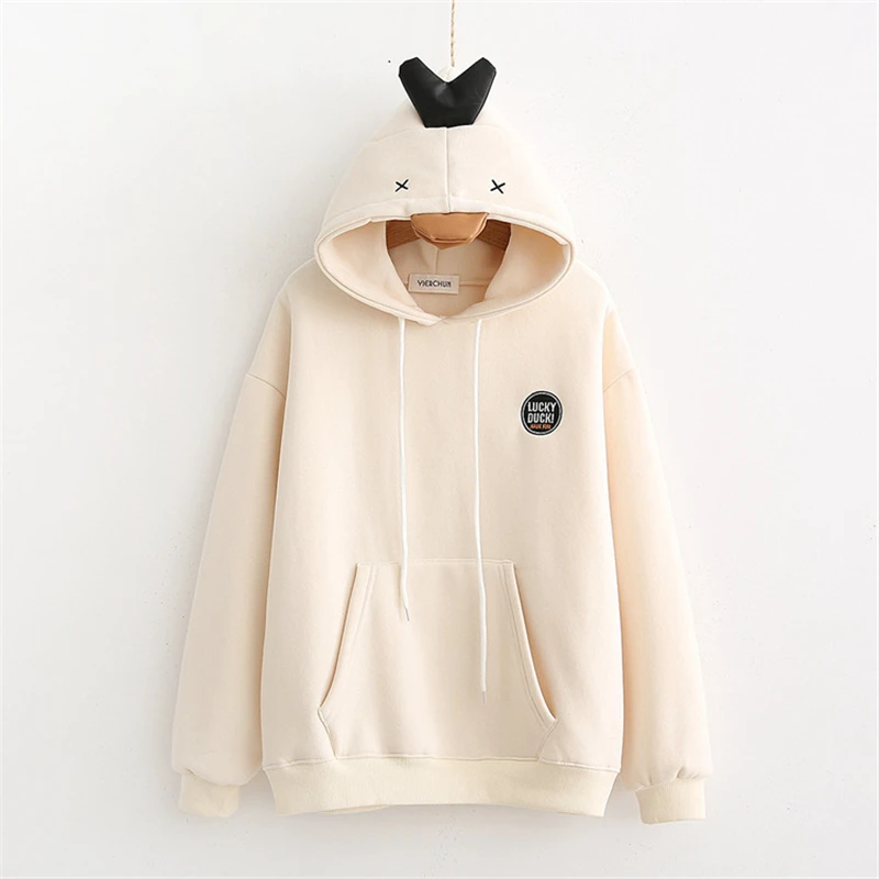 MERRY PRETTY толстовки с капюшоном женские зима мультфильм Вышивка толстовки с рогом на капюшоне свободный спортивный костюм с карманом - Цвет: Бежевый