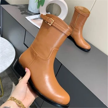 

Women Buckle boots Solid color shoes Round toe boots Ankle boot fashion Genuine Leather shoes Keep warm in autumn and winter