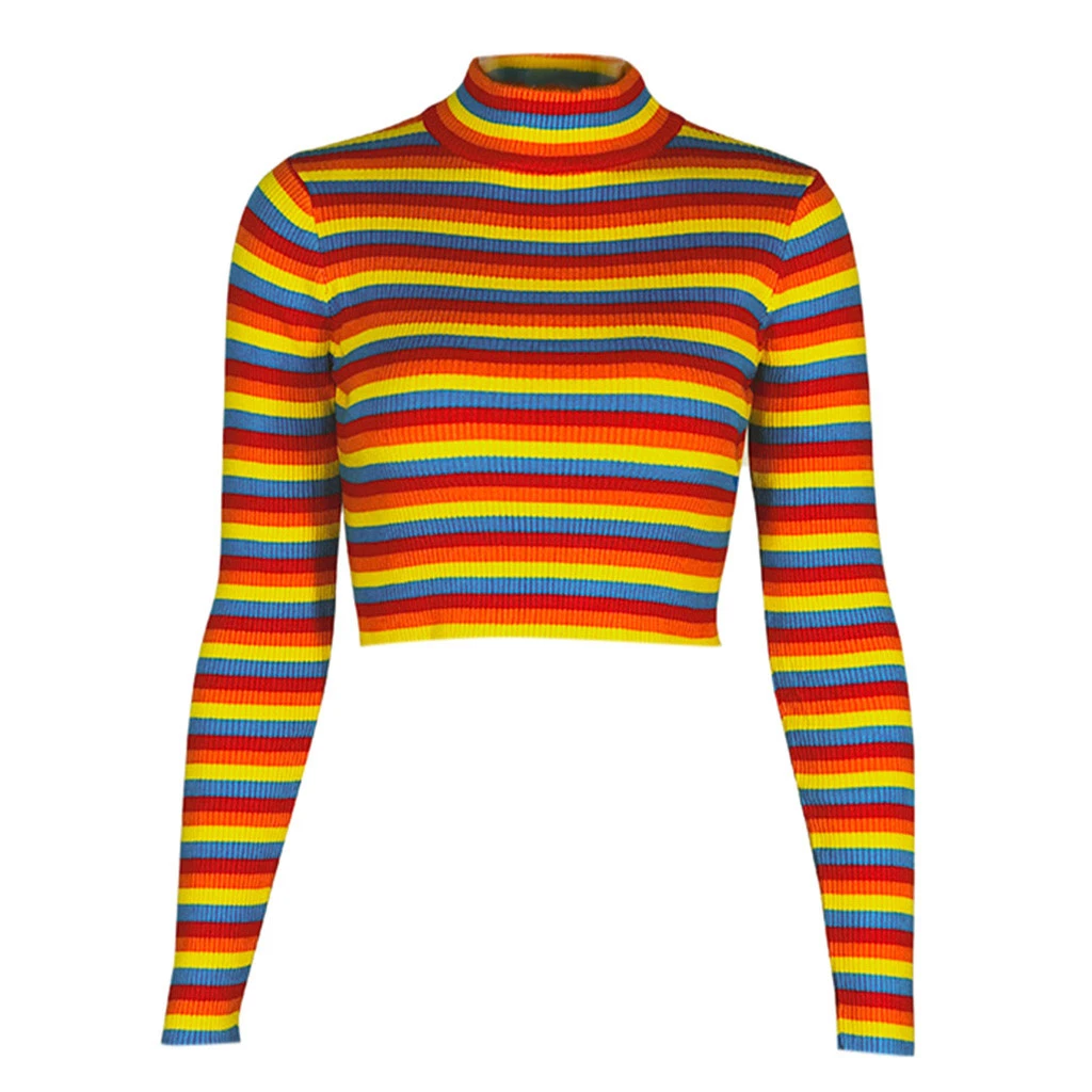 Woman Colorful Striped Blouse Plus Size Colorblock Shirt Split Long Sleeve Knit Blouse Blouse Retro Autumn Casual Tops 814