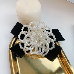 College Retro Velvet Bow Tie Pearl Flower Jewelry Brooches Women Bowtie Professional Shirt Collar Pin School Uniform Accessories