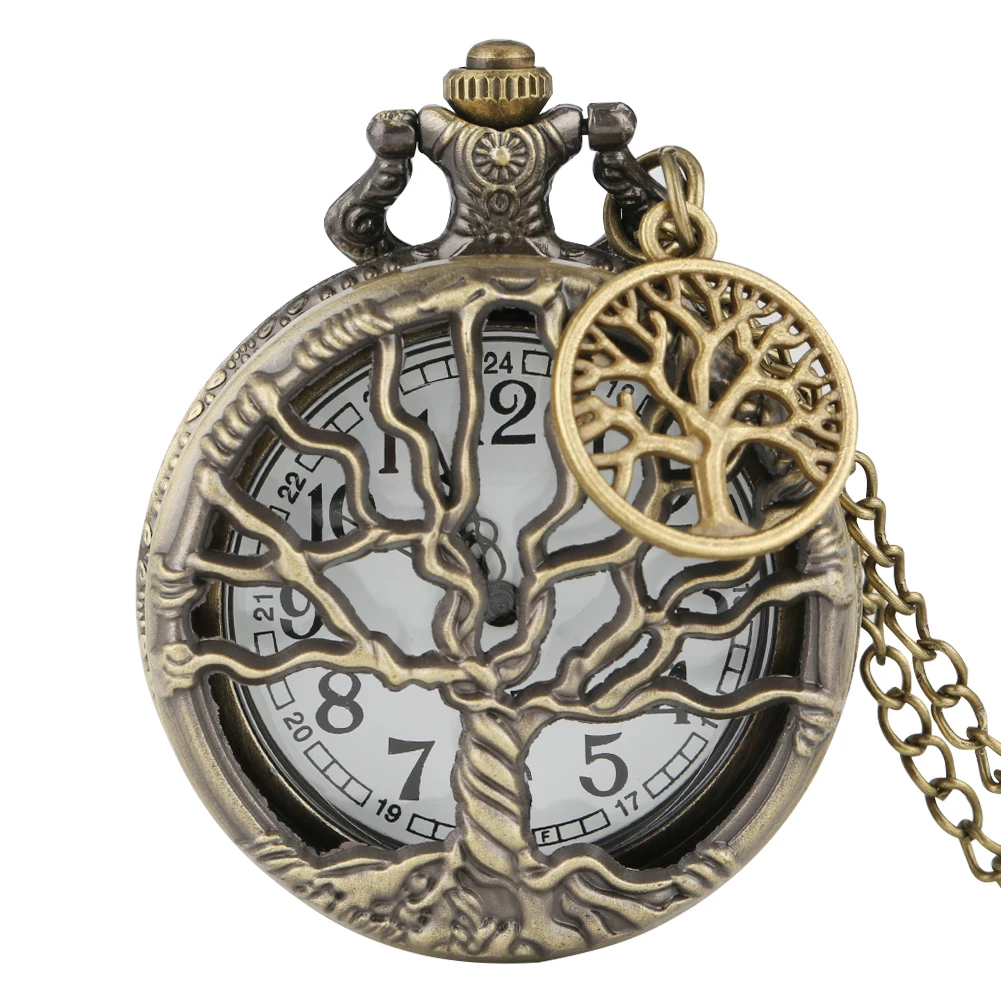 Reloj de bolsillo Retro Hollow Life Tree para hombre y mujer, exquisito reloj con carcasa ahuecada, collar, cadena fina, colgante