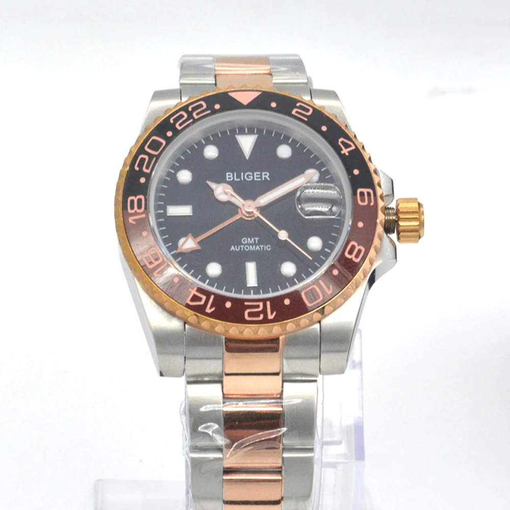 

Bliger 40mm mens Black dial Sapphire Black-brown Ceramic Bezel Automatic mechanical male watch gold steel Strap GMT man clock