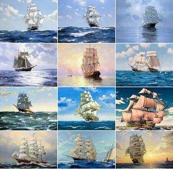 

Yikexin Diamond Painting Sailboat on the sea Full circular Diamond Embroidery Landscape Of Rhinestone Cross Stitch Home Decor