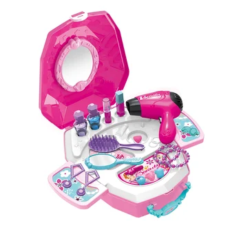 

15Pcs 2 In 1 Children Pretend Play Makeup Hairdressing Jewelry Toys With Backpack - Pink