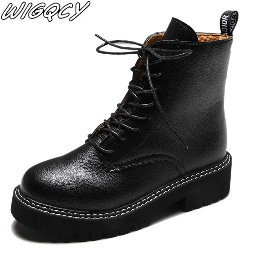 

2019 new women's comfortable warm Martin boots solid color round head laceup non-slip flat boots artificial leather Botas Mujer