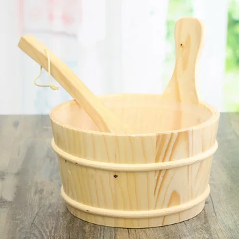 

Bathroom 4L Wooden Bucket W/ Ladle Liner Set For Sauna SPA Bath Waterproof Curved Handle, Smooth Formation, Comfortable Grip