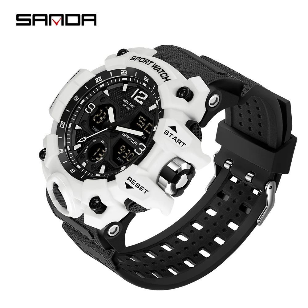 SANDA Men Military Watches White Sport Style Watch LED Digital 50M Waterproof Watch Male Clock Relogio Masculino 