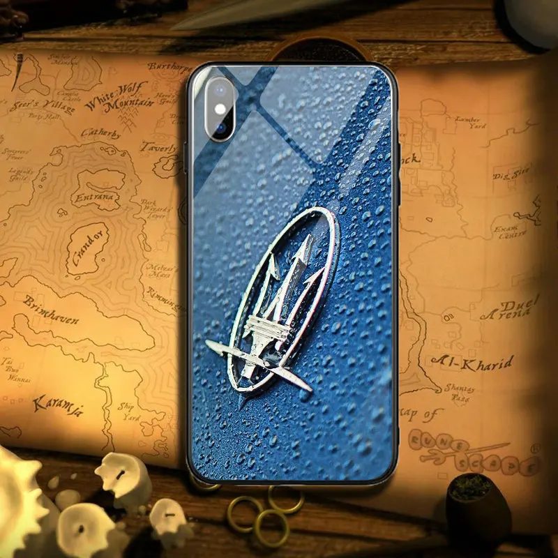 Популярные Чехлы Maserati с логотипом автомобиля из закаленного стекла для iPhone 5 5S SE 6 6s Plus 7 8 Plus X XR XS Max Capa Coque Funda