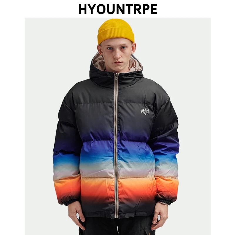 

Men's Warm Winter Reversible Jacket New Fashion Bomber Digital Printing Coat Male High Street Hooded Jackets Hip Hop Outerwaer