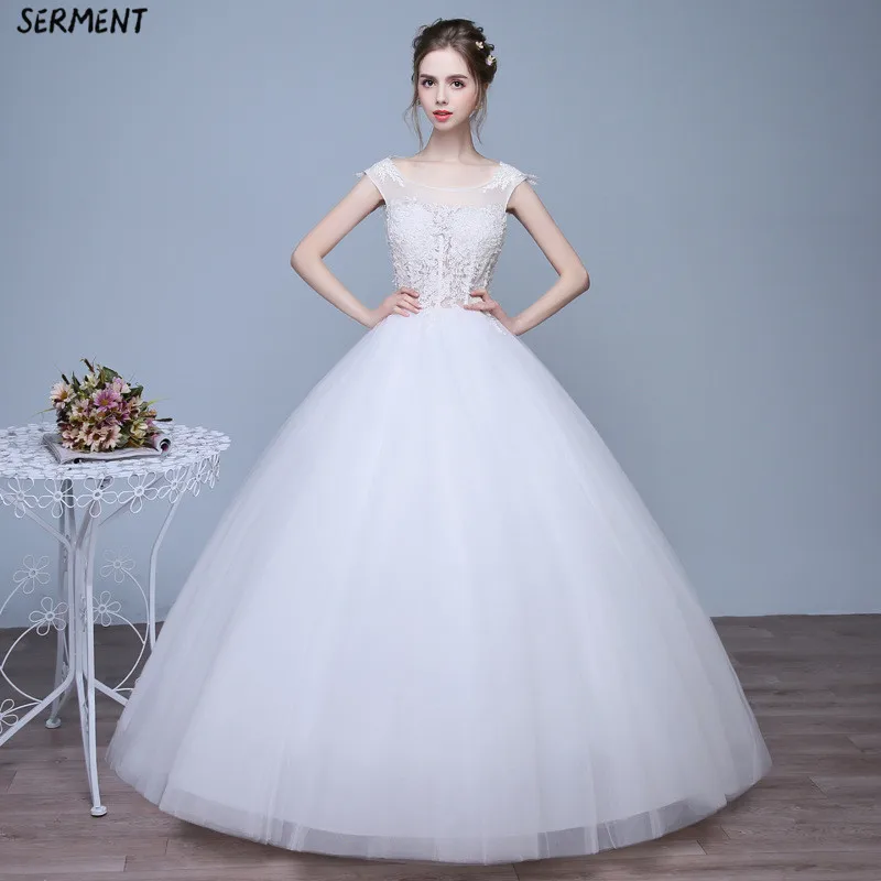 

SERMENT Elegant Long Sleeve Floral Print Wedding Dress Lacework Floor-Length Suitable for Garden Church Beach Wedding Plus Size