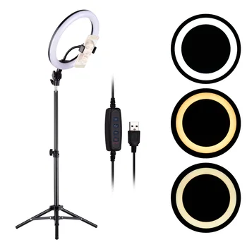 

26cm/10inch LED Ring Light Photography Fill-in Lamp 3 Lighting Modes Dimmable USB Powered with Tripod Light Stand for Live Video
