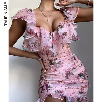 

Floral Chiffon Dress Summer 2020 Ruffles Strapless Backless Off Shoulder Sexy Dress Women Short Sleeve Lovely Pink Party Dress