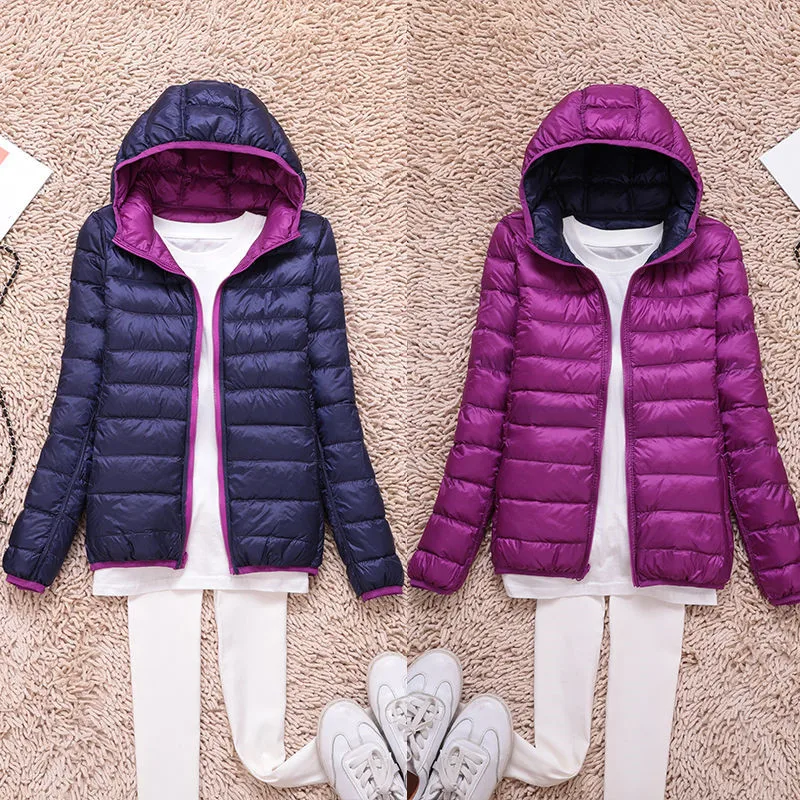 Женские теплые тонкие ультра легкие пуховики на утином пуху, большие размеры 4XL, пуховые пальто, зимние куртки-пуховики, Двустороннее пальто - Цвет: navy purple