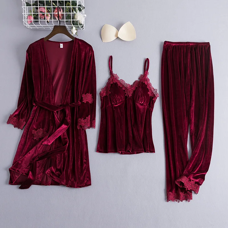 Burgundy Velour Women Kimono Gown Nightdress Lougne 3PCS Robe Suit Sleepwear Sexy Nightwear Nightgown Soft Intimate Lingerie