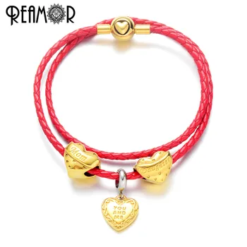 

REAMOR Gold Plating Heart Clasp Charm Bracelets Women Mom Daughter Bead Red Double Layer Leather Bracelet Jewelry Love Gift