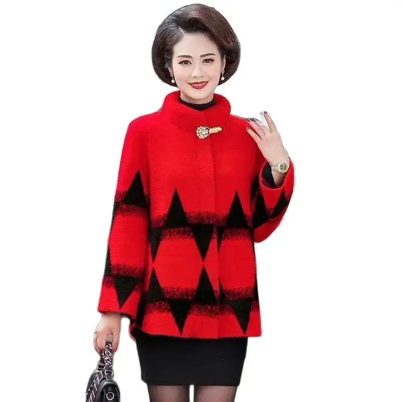 

Mothers Autumn Winter New Female Outerwear Imitate Mink Fleece Ladies Jacket Stand-Up Collar Single Breasted Woolen Women Coat