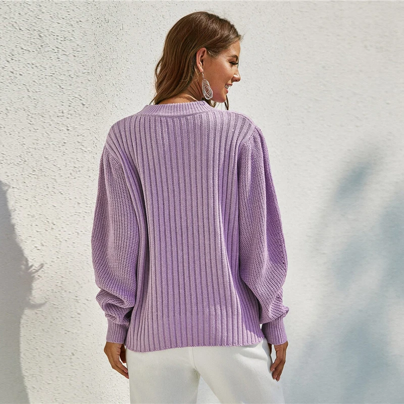 Шеин фиолетовый однотонный ребристый вязаный свитер с рукавом Бишоп женские топы Осень Зима О-образный вырез с заниженным плечом Повседневные свитера