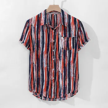 

Mens Hawaiian Shirt Male Casual Printed Mens Striped Printed Loose Short Sleeve Causal Breathable Turn Down Collar Shirt M-3XL