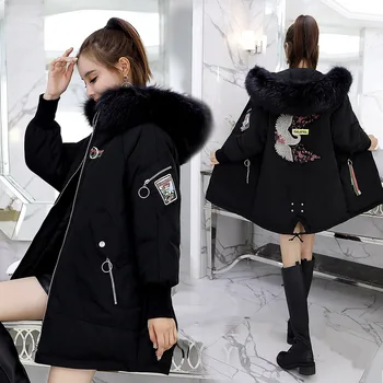 

Parke embroidery large hairband down jacket for women's middle and long winter 2018 new Korean loose thickened warm coat