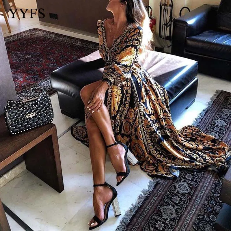 

2019Sexy Deep V-neck Open-forked Dress Printed Long Dress