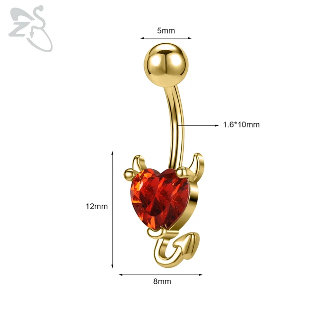 ZS 1 Piece Gold Color Stainless Steel Belly Ring Flower Heart CZ Crystal Navel Belly Button Rings Butterfly Navel Piercings 14G Style 12