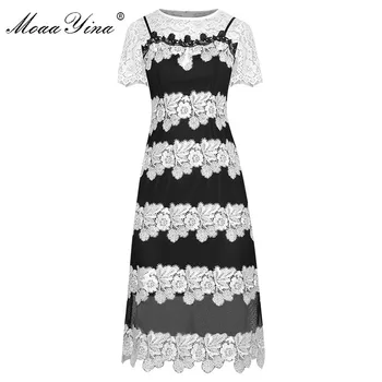

MoaaYina Fashion Runway dress Spring Summer Women's Dress Short sleeve Lace Patchwork Floral Embroidery Slim Dresses