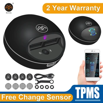 

Portable TPMS 0-6.4Bar Dual USB Voice Broadcast Mobile APP Display Car Tire Pressure Monitoring System 4PCS External Sensor