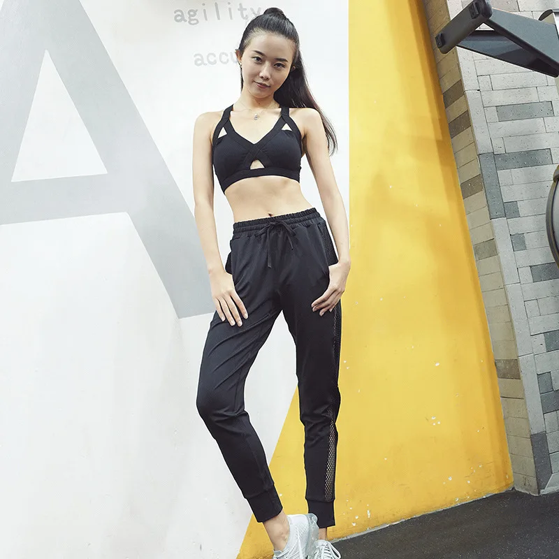 HOUZHOU осенние женские тренировочные брюки боковых сетчатых Jogger Штаны Для женщин свободное до щиколотки трек Штаны Повседневное черные брюки с эластичной резинкой на талии