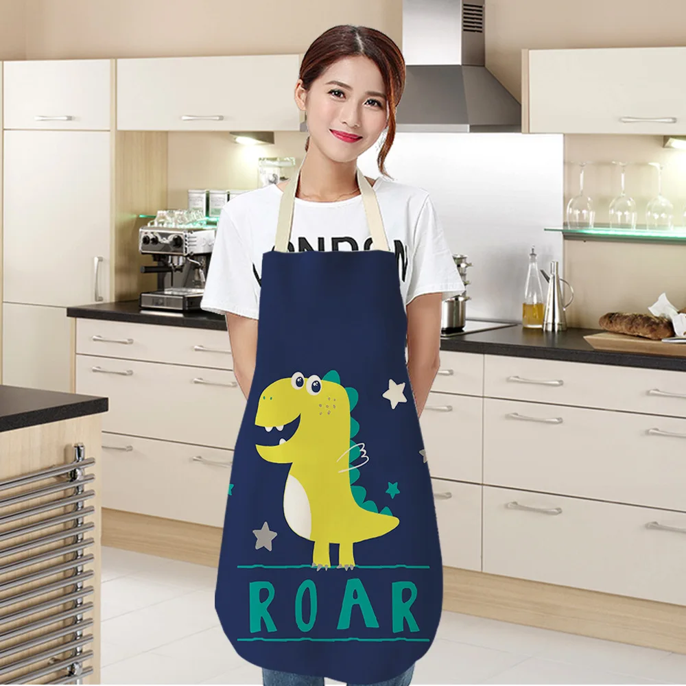 Parent-child Kitchen Apron Cartoon Dinosaur Printed Cotton Linen Baking Cooking Aprons for Women Home Cleaning Apron Delantales