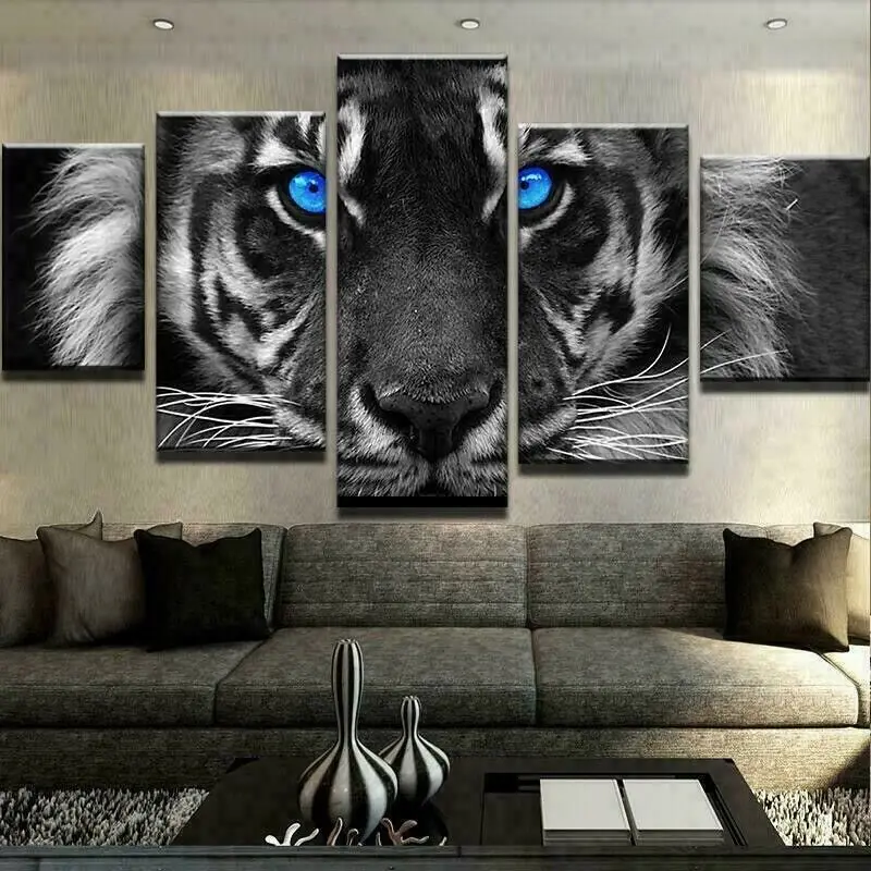 

No Framed Canvas 5Pcs Blue Eyed Tiger Animal Wildlife Art Posters Pictures Home Decor Paintings Decorations