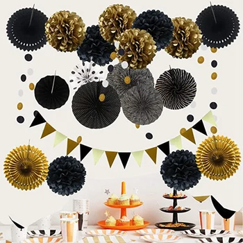 

Promotion! Party Decoration,21 Pcs Black and Gold Hanging Paper Fans,Pom Poms Flowers,and Triple-Cornered Bunting Flags for Part