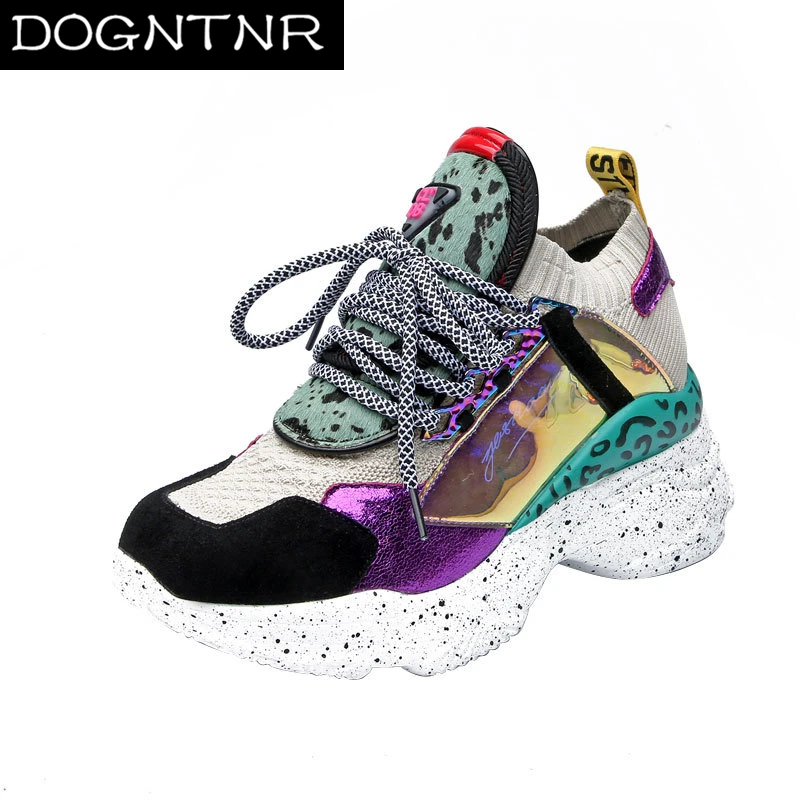 

2020 Women's Shoes Leather Wedge Heels Round Head Leopard Platform Shoes Lace-up Spring And Summer Women's Sneakers 35-42