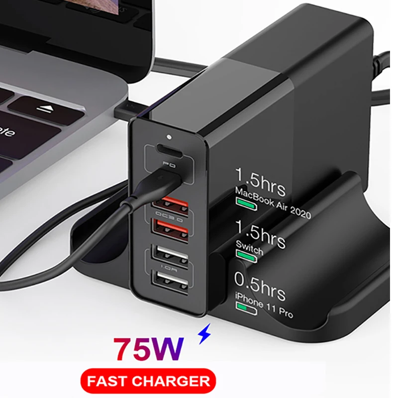 75w PD QC 3.0 Fast Charge Multi USB Quick Charger 4/5/6 Port QC3.0 Dual Protocol for Type C Mobile Phone Smart Desktop Adapter