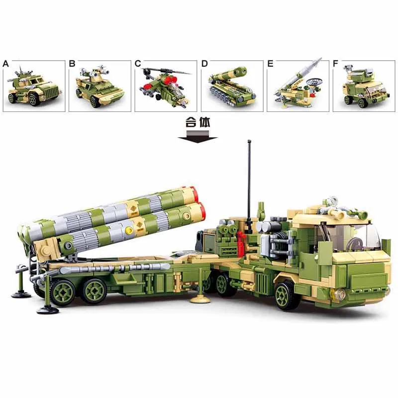 

0782 711pcs 6in1 military s400 army missile launch vehicle truck plane tank armoured vehicle building block Toys For Children
