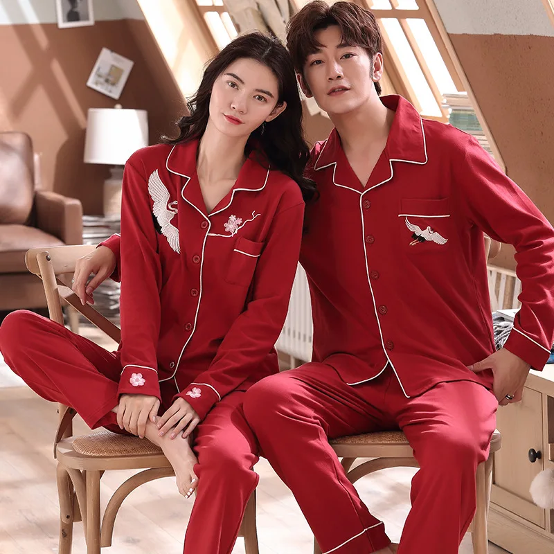 

New Products Couples Pajamas Pure Cotton Wedding Festive Red Sweet Crane Embroidered Cardigan Long Sleeve Homewear Set